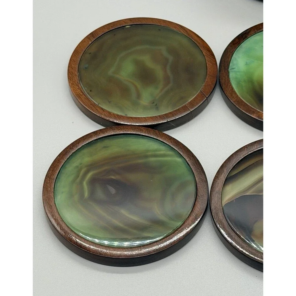 Vintage MCM Green Agate Wood Coaster Set Caddy Novelty Phallic UV Glow 7pc